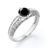 Beaded Four Prong 1 Carat Round Cut Black Diamond Solitaire Vintage Engagement Ring In White Gold