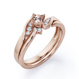 Petite Pave-Channel - 0.55 TCW Rhombus Princess Cut Morganite and Moissanite - Prong Tensioned Wedding Ring Set -  Rose Gold