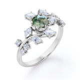 Modern Floral Style 1 Carat Round Cut Natural Translucent Dendritic Moss Green Agate and Diamond Art Deco Engagement Ring
