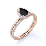 1.35 Carat Pear cut Lab Black Diamond Bridal Set with semi eternity wedding band in White Gold