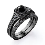 Filigree Pave Channel 1.6 TCW Round Lab Created Black Diamond Double Prong Cluster Wedding Set in White Gold