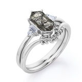 Floral 1.15 ct Hexagon Black Rutilated Quartz Five Stone Bridal Set