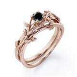 1.10 ct Round Lab Black Diamond Leaf Wedding Set