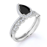 Beautiful 1.75 Carat Pear cut Lab Black Diamond Halo Wedding Ring Set in White Gold