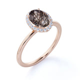 Modern Solitaire 1.25 Carat Oval Cut Natural Druzy Black Brown Rutilated Quartz and Diamond Halo Engagement Ring
