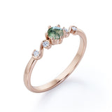 Gorgeous Scroll 0.5 carat Round Moss agate and Moissanite Engagement Ring in White Gold
