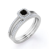 Unique 1.50 Carat Lab Black Diamond Halo Wedding Ring Set for Her in Rose Gold