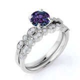 4 Prong Solitaire 1.50 Carat Round Cut Lab Grown Alexandrite and Diamond Marquise Dot Art Deco Wedding Ring Sets