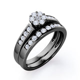 Flower Cluster Design 0.5 TCW Round-Shaped Moissanite and Diamond Flush-Channel Bridal Ring Set in  Black Gold
