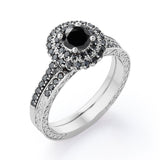 Double Halo Pave 1.75 TCW Round Lab Created Black Diamond Filigree Wedding Ring Set in White Gold