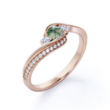 Bypass Three Stone 1.75 Carat Round Cut Milky White Scenic Moss Green Agate and Diamond Channel Set Engagement Ring for Women