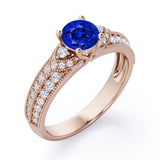 Antique 4 Prong 1.50 Carat Round Cut Sapphire And Diamond Vintage Milgrain Layered Engagement Ring In Rose Gold