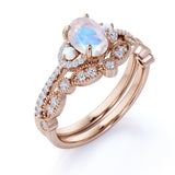 Antique Milgrain 1.75 Carat Oval Cut Blue Moonstone, pearl and Diamond Art Deco Bridal Set in White Gold