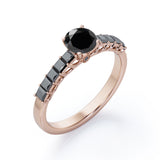 Shared Prong - 1.35 TCW Round Brilliant Cut Lab Created Black Diamond - Milgrain Bezel Engagement Ring in White Gold