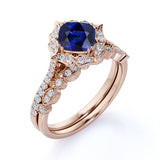 Unique Floral Styled 2 Carat Cushion Cut Sapphire and Diamond Halo Wedding Set with Art Deco Milgrain Band in White Gold