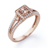 Split-Shanked Pave 1.55 Carat Princess Cut Morganite and diamond Milgrain-Bordered Halo Engagement Ring in White Gold