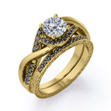 Filigree Tension-Halo 1.5 TCW Round Shape Moissanite with Lab Created Black Diamond Twisted Half Pave Wedding Set in Black Gold