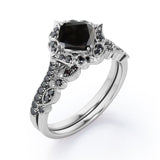 1.65 ct Cushion Lab Black Diamond Vintage Halo Bridal Set