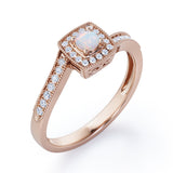 Flush-Prong Halo 1.25 Carat Round Cut Opal and diamond Milgrain-Edged Pave Channel Engagement Ring in White Gold