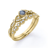 Vintage Nature Inspired 0.75 Carat Round Cut Natural Icy Grey Salt and Pepper Diamond with Art Deco Band Wedding Ring Sets in Rose Gold for Her