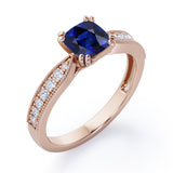 Beaded Eight Prongs 1.25 Carat Cushion Cut Sapphire And Diamond Antique Milgrain Engagement Ring In Rose Gold