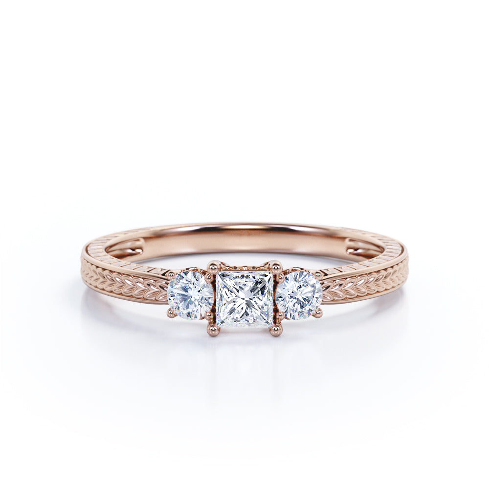 1 carat princess cut Moissanite and diamond art deco engagement ring in white gold