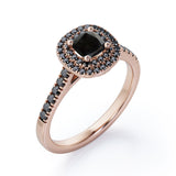 Double Halo Style - 1.45 TCW Princess Cut Lab Created Black Diamond - Scalloped Pave Engagement Ring in White Gold