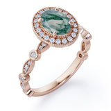 Vintage Halo 1.35 Carat Oval Cut Green Moss Agate And Diamond Art Deco Engagement Ring In Rose Gold