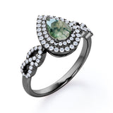 Double Halo 1.25 carat Pear Moss Agate and Moissanite Engagement Ring in White gold