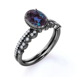 Classic Bezel Set 1.50 Carat Oval Cut Lab Created Alexandrite and Diamond Art Deco Bridal Set Rings