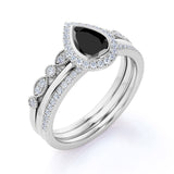 Bestselling 1.65 Carat Pear cut Lab Black Diamond Halo Trio Wedding Bridal Ring Set in White Gold