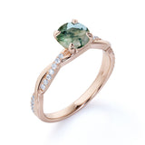 1.10 Carat Four Prong Setting Cathedral Round Shaped Opaque Milky White Moss Green Agate And Moissanite Semi Pave Infinity Twisted Shank Engagement Ring In 18K Rose Gold Plating Over Silver