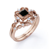 Antique Artdeco 1.25 Princess cut Lab Black Diamond Wedding Bridal Set in Rose Gold