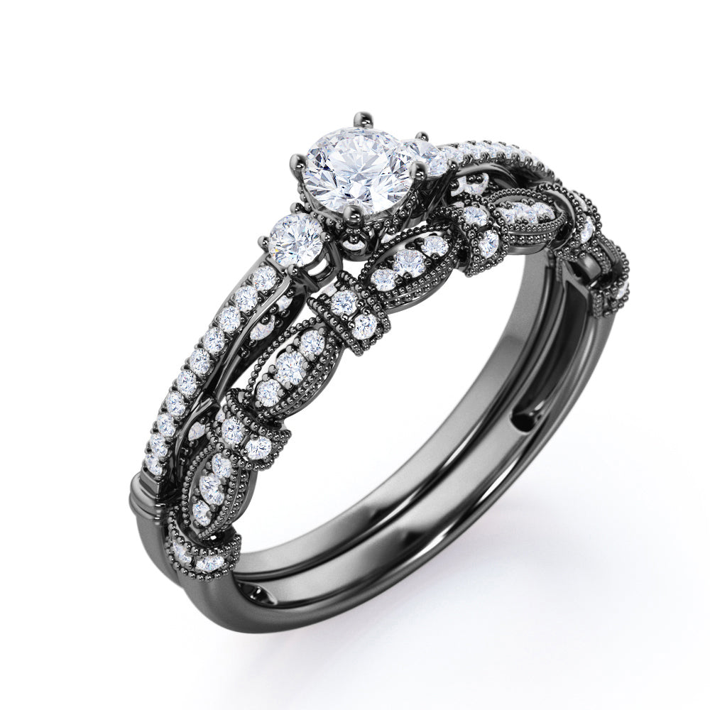 Fashionable 1.25 carat Round Moissanite and Diamond Bridal Ring Set in White Gold - Proposal Ring