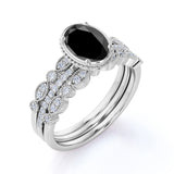 Artdeco 1.75 Carat Oval cut Lab Black Diamond Trio Wedding Bridal Ring Set White Gold