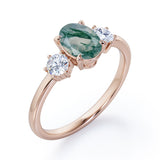 Simple Trio Stone 0.8 carat Oval Moss Green Agate and Diamond Engagement Ring in Rose Gold