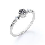 Milgrain Bezel Set 0.60 Carat Round Cut Dendritic Black Rutilated Quartz and Diamond 3 Stone Dainty Engagement Ring