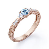 Mini Butterfly 1.10 Carat Round Cut Aquamarine And Diamond  Vintage Filigree Engagement Ring In White Gold