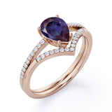Chevron Pave Set 1.40 Carat Pear Cut Lab Created Alexandrite And Diamond V Style Bridal Set In White Gold