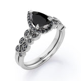 Vintage Style - 1.65 TCW Teardrop Lab Created Black Diamond - Milgrain Halo Bridal Set in White Gold