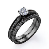 Milgrain-Edged 1.5 TCW Round-Shaped Moissanite with Lab Created Black Diamond Art Deco Victorian Design Wedding Set in Rose Gold