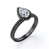 Scalloped Pave - 1.75 TCW Pear Shaped Moissanite with Lab Created Black Diamond - Halo Design Bridal Set in Rose Gold