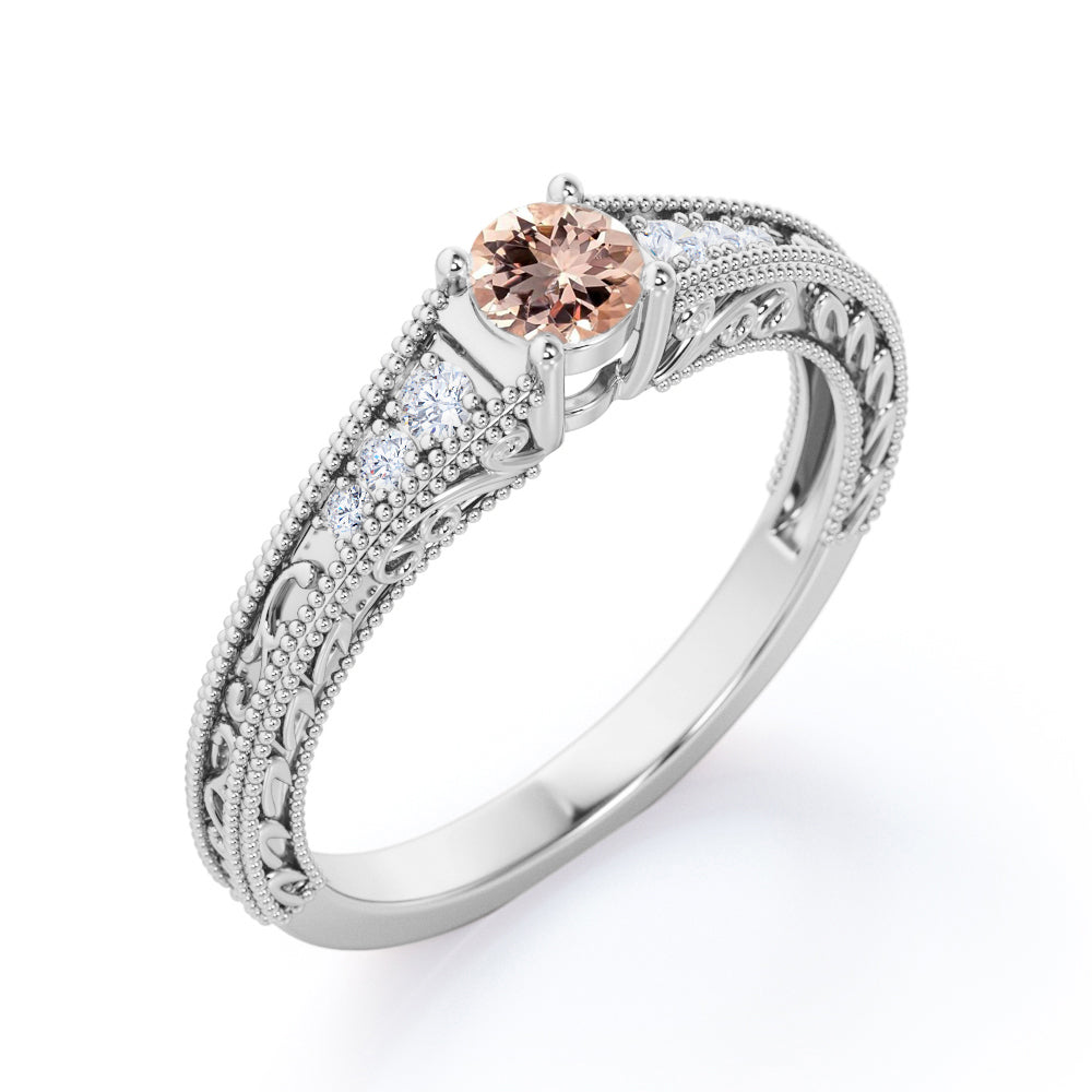Vintage Scroll 0.55 carat Round Morganite and Moissanite Engagement Ring in Rose Gold