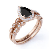 Beautiful 1.75 Carat Pear cut Lab Black Diamond Halo Wedding Ring Set in Rose Gold