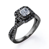Rounded Square Double Halo -  0.5 TCW Princess Cut Diamond with Lab Created Black Diamond - Infinity Pave Engagement Ring - 10K White Gold
