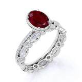 Elegant Antique Design 1.50 Carat Oval Cut Lab Ruby and Diamond Wedding Ring Set with Art Deco Band in White Gold