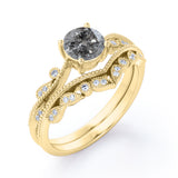 Milgrain 0.75 Ct Round Salt and Pepper Diamond Bridal Set