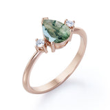 Special Gift - Trilogy 0.6 carat Pear Green Moss Agate and Moissanite Engagement Ring in White Gold