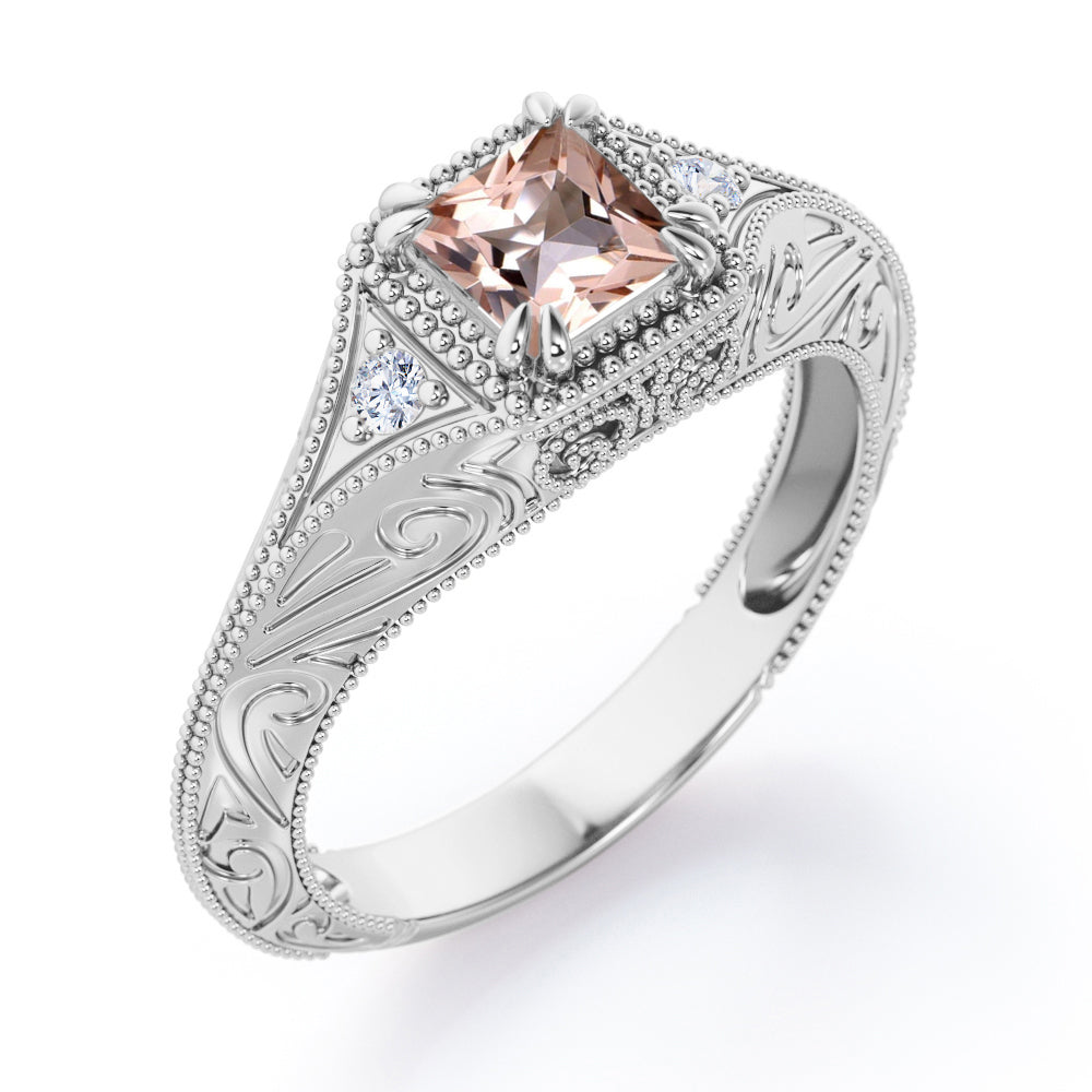 Vintage Milgrain 1.10 Carat Princess Cut Morganite And Diamond Sharp Eight Claws Art Deco Engagement Ring In Rose Gold