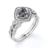 Art Deco Halo 0.8 Ct Round Cut Salt and Pepper Diamond Bridal Set